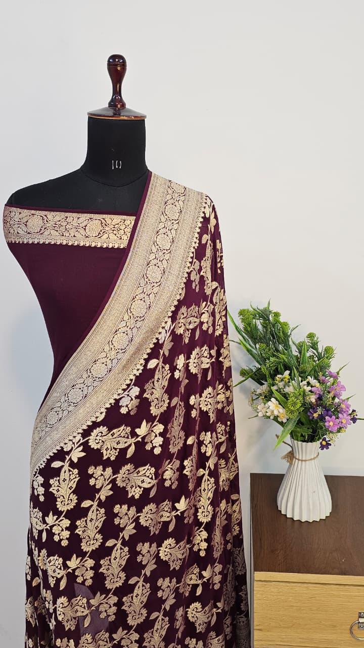 Pure Handloom Khaddi Georgette Saree Zari Work.