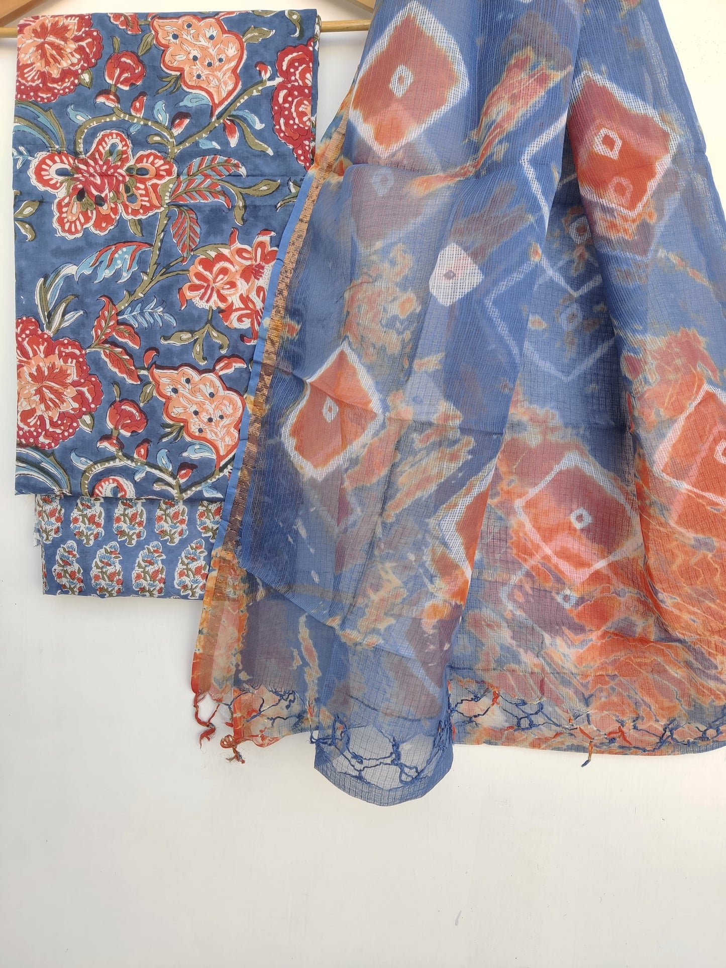 Pure Cotton Hand Block Printed Unstitched Suits with Kota doriya Dupatta.