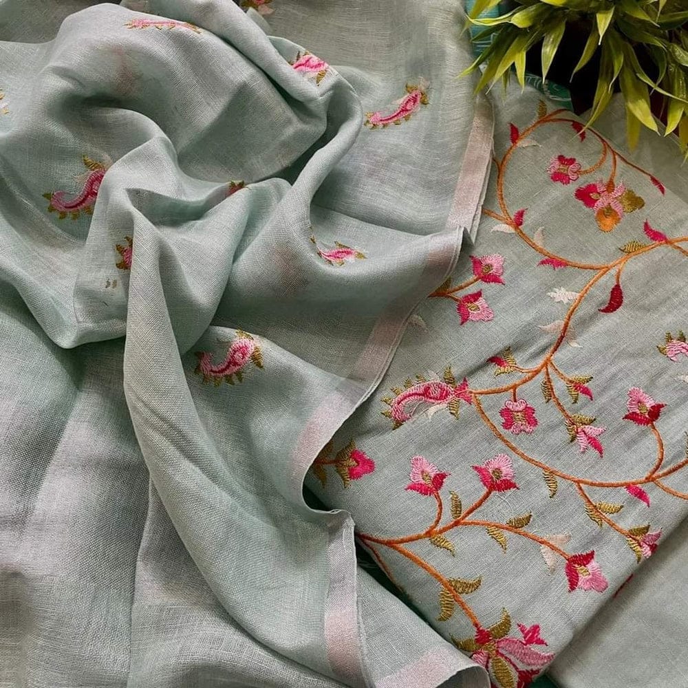 BHAGALPURI COTTON LINEN EMBROIDERY UNSTITCHED SUIT.