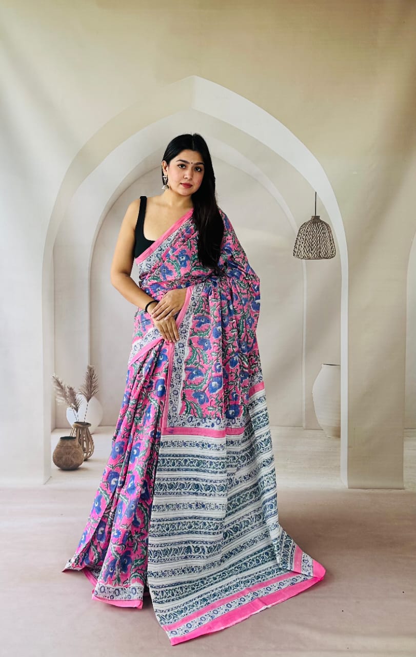 Pure Mulmul Cotton Hand Block Printed Saree With Running Blouse.