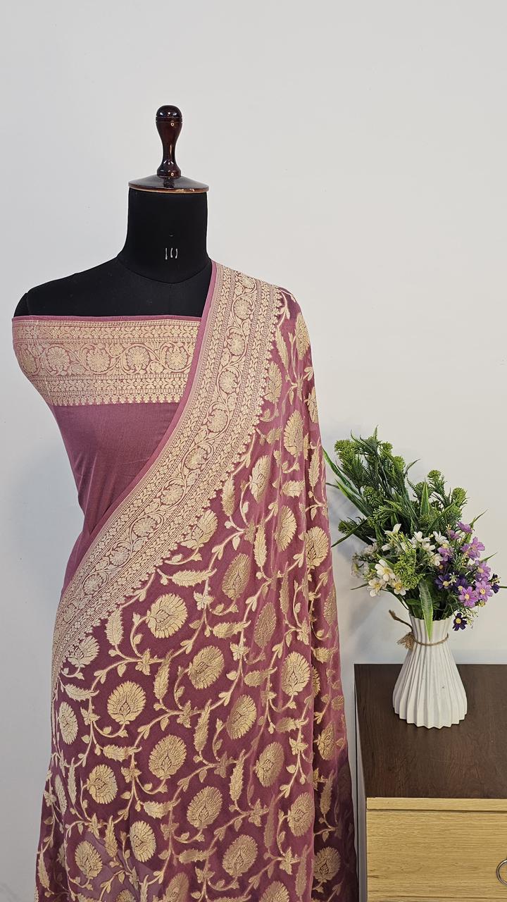 Pure Handloom Khaddi Georgette Saree Zari Work.