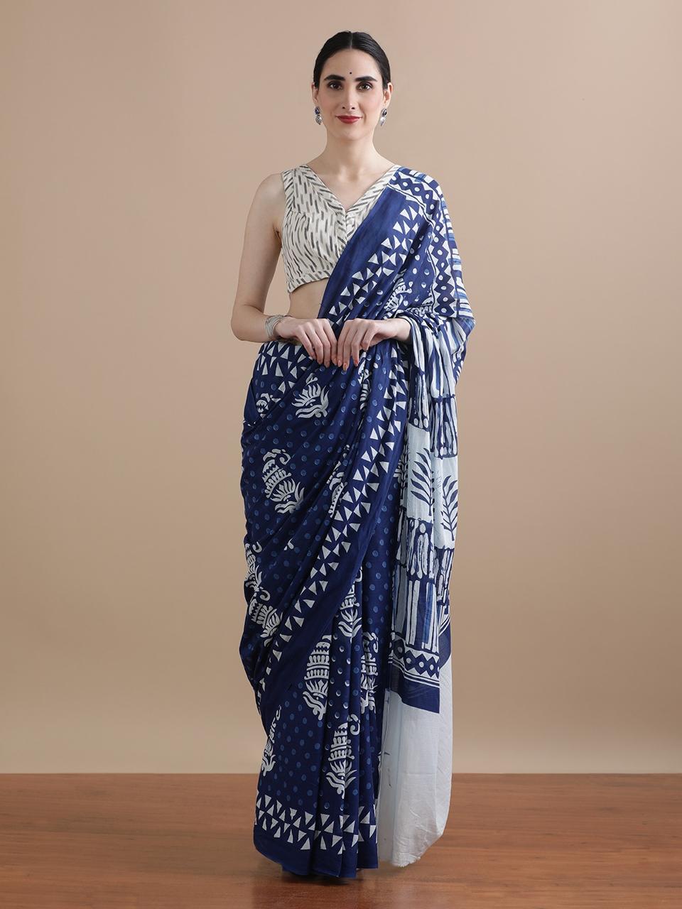 Pure Mulmul Cotton Hand Block Printed Saree With Running Blouse.