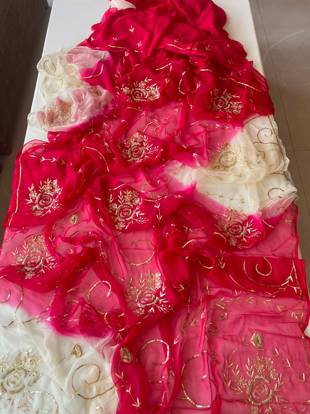 PURE DAIMOND CHIFFON BEAUTIFUL SEQUENCE AND ZARI EMBROIDERY WORK SAREE.