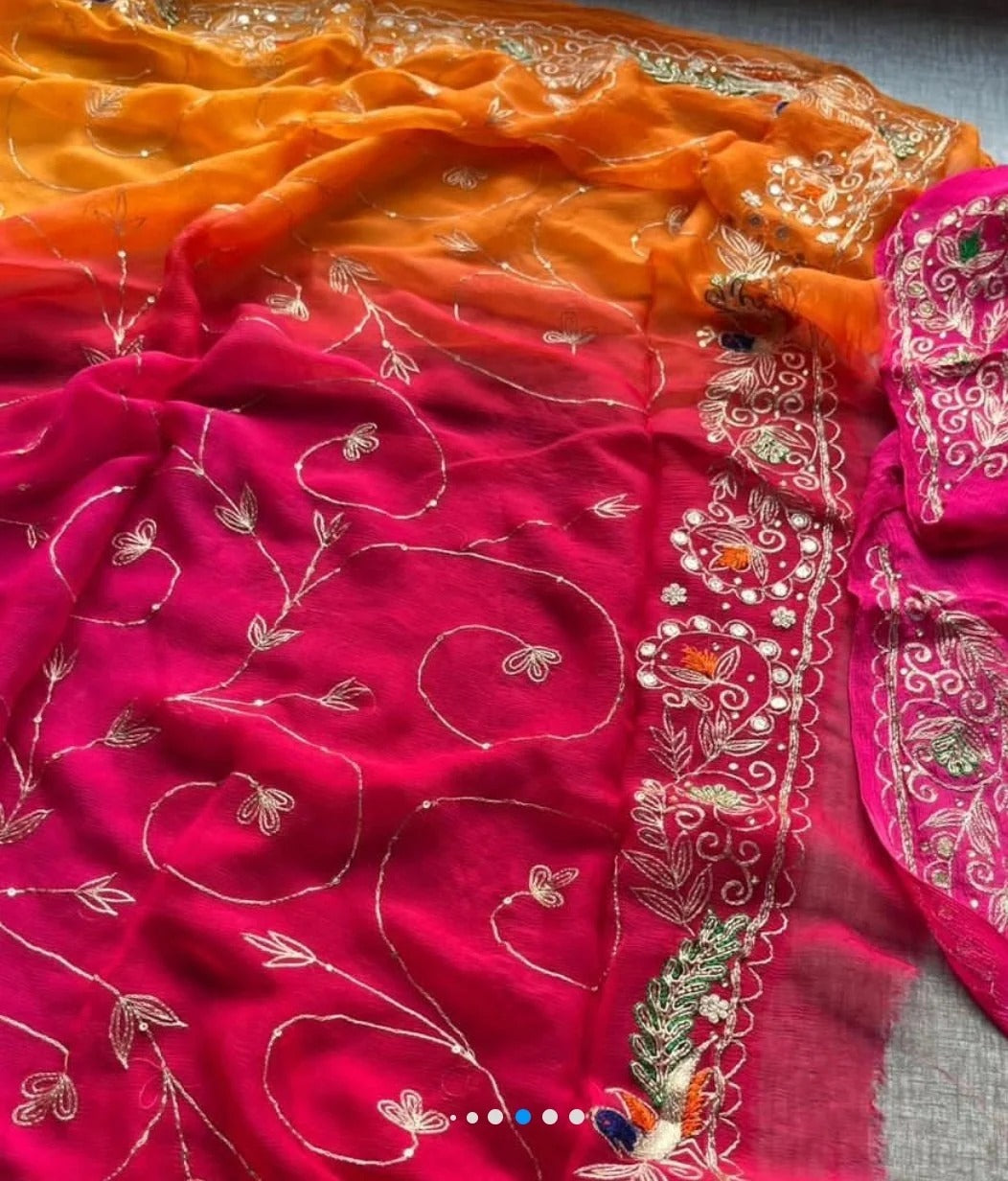 Pure Diamond Chiffon Hand Aari and Kasab Work Saree.