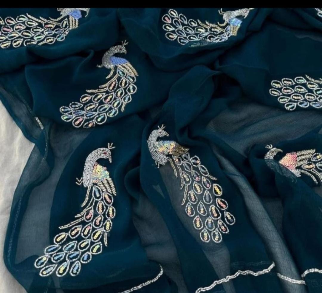 Pure Diamond Chiffon Beautiful Hand Work Saree