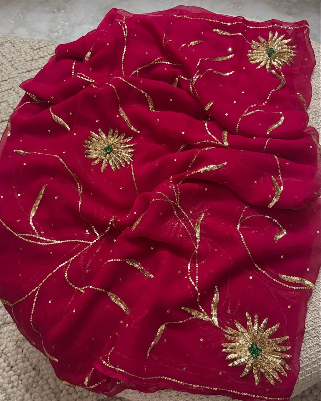Red Color Pure Diamond Chiffon Beautiful Sequence Work Saree