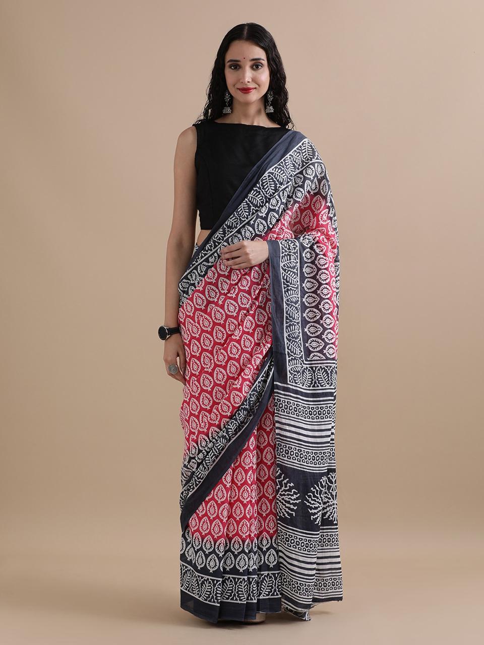 Pure Mulmul Cotton Hand Block Printed Saree With Running Blouse.