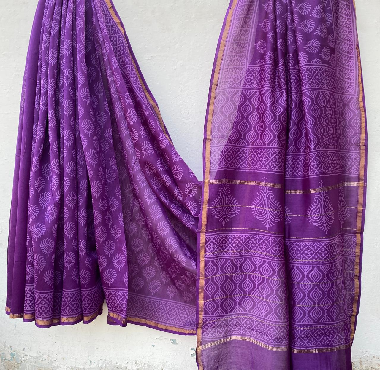 Pure Chanderi Silk Hand-block Printed Saree.