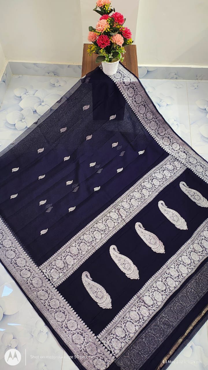 Pure Handloom Khaddi Chiffon Georgette Saree With Silver Zari Weaving Blouse ( length- 6.3 meter )