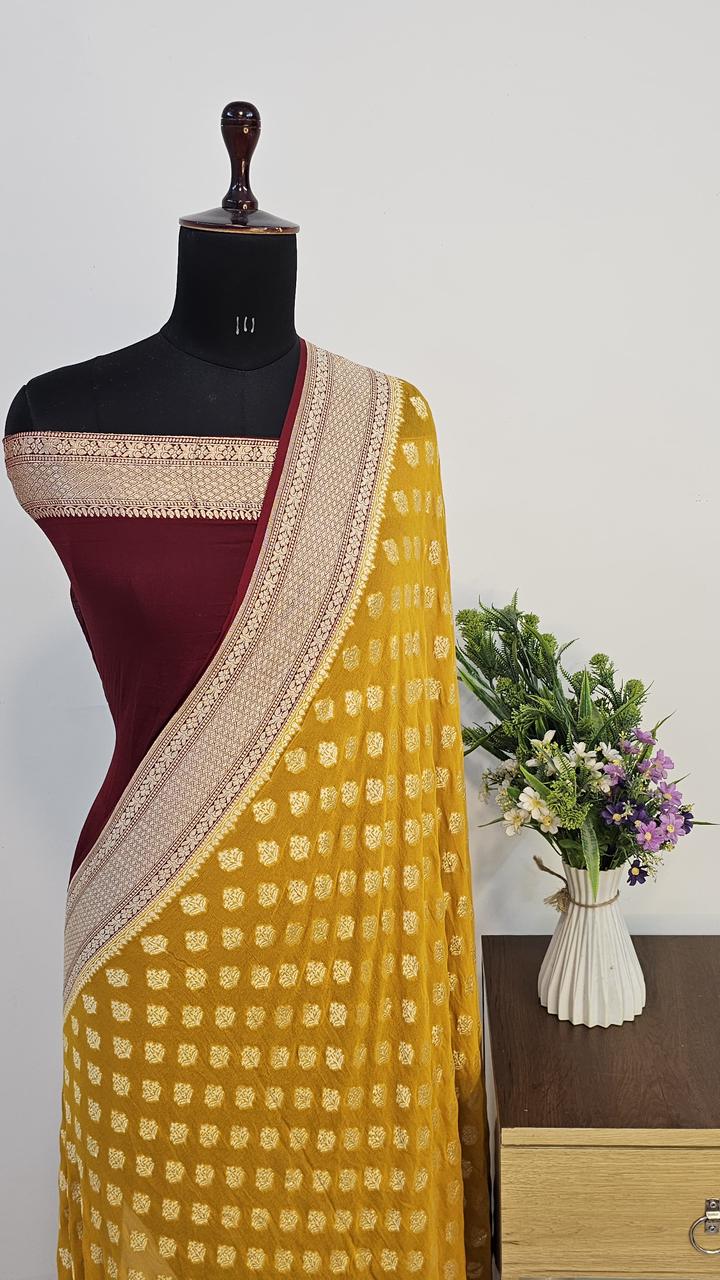 Pure Handloom Khaddi Georgette Saree Zari Work.