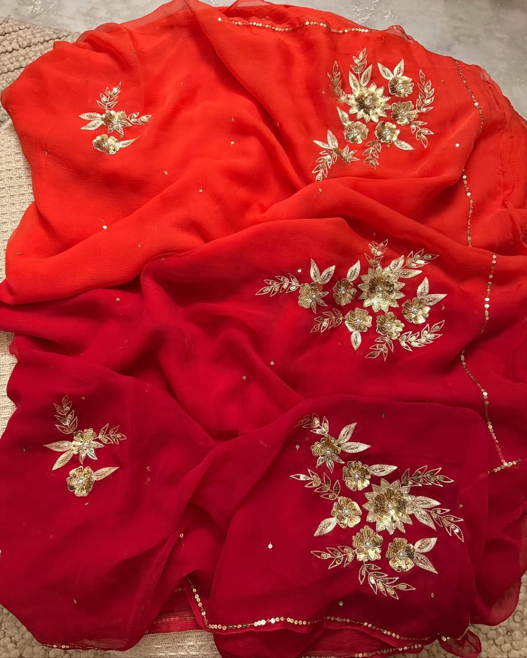 Pure Diamond Chiffon Catdana Hand Work Saree.