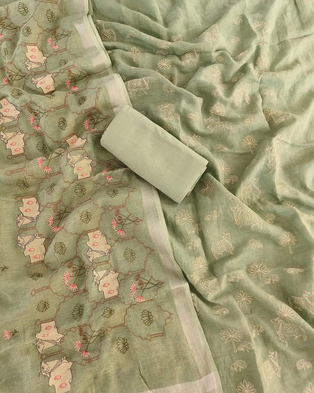 BHAGALPURI COTTON LINEN EMBROIDERY UNSTITCHED SUIT.