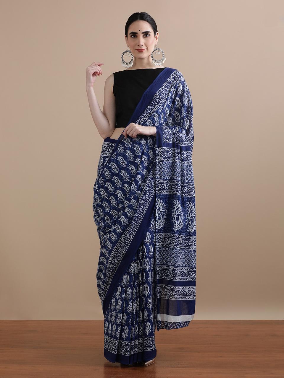 Pure Mulmul Cotton Hand Block Printed Saree With Running Blouse.