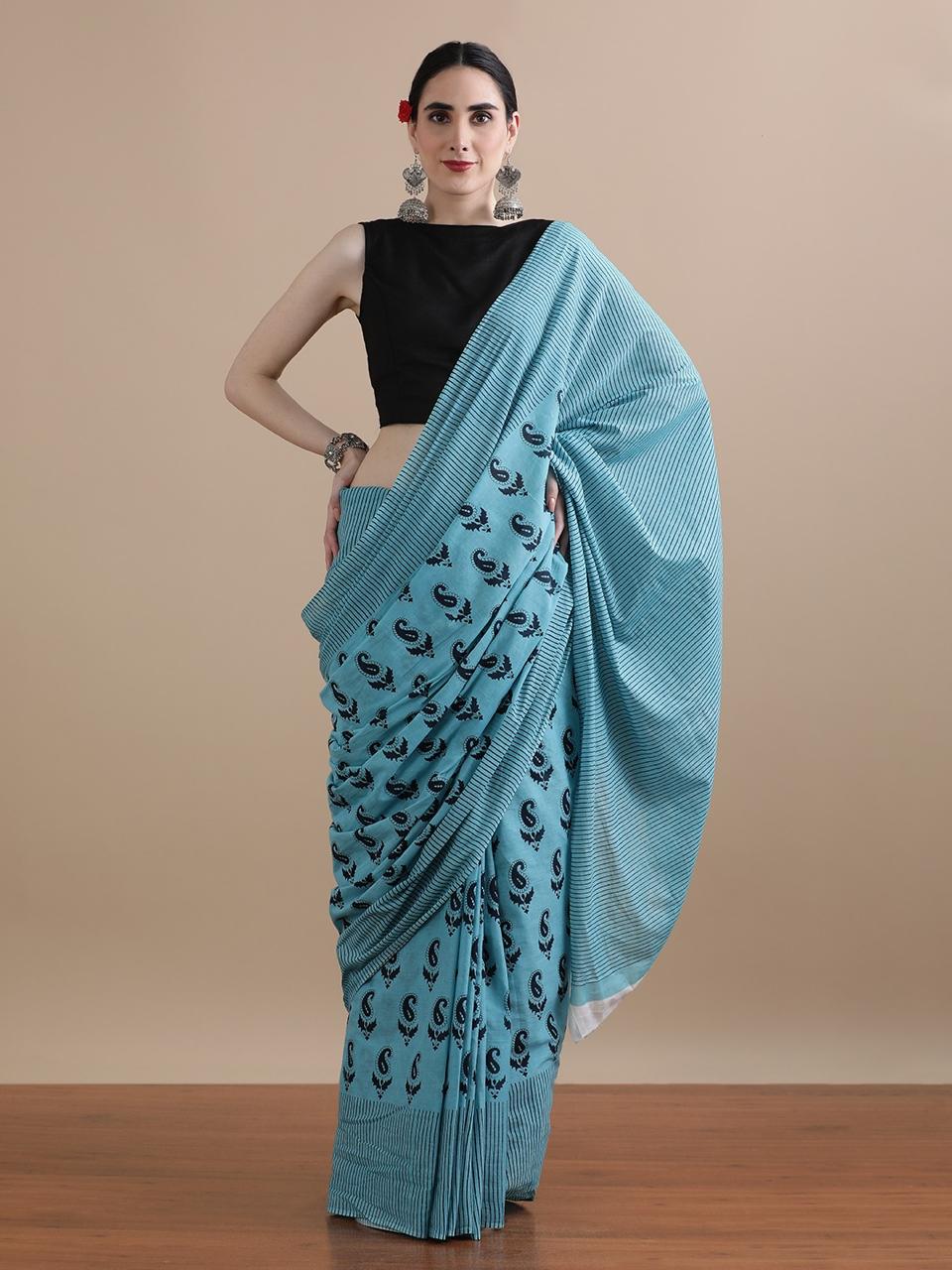 Pure Mulmul Cotton Hand Block Printed Saree With Running Blouse.