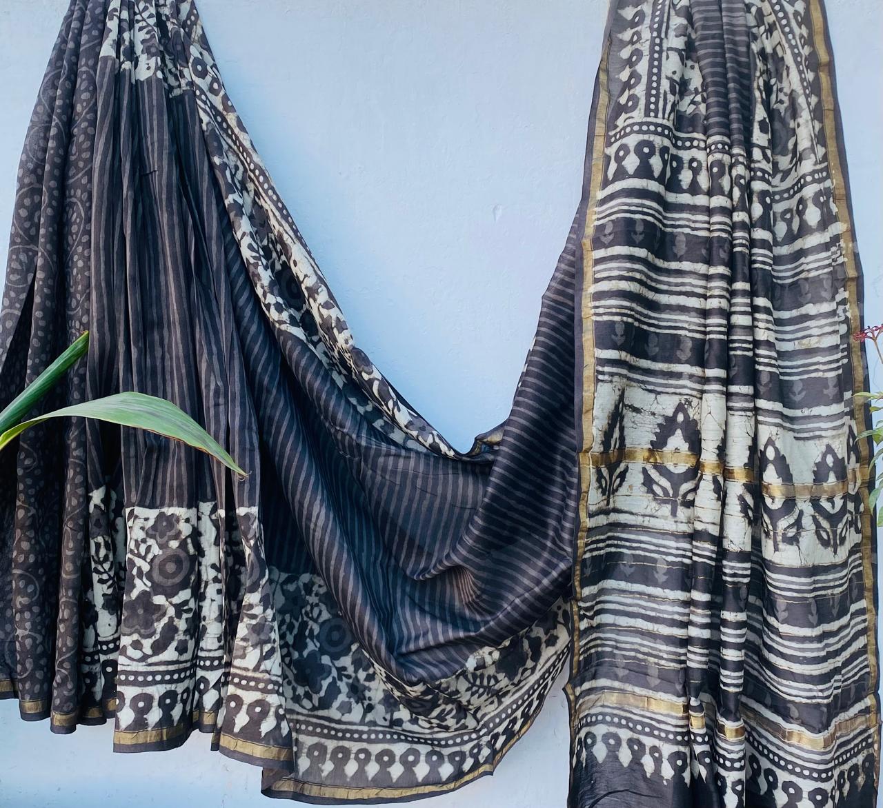 Pure Chanderi Silk Hand-block Printed Saree.