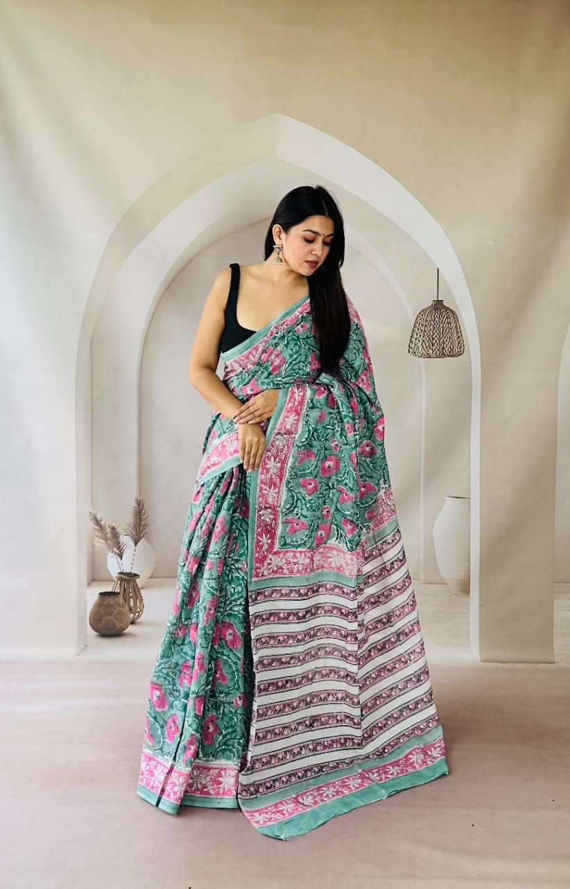 Pure Mulmul Cotton Hand Block Printed Saree With Running Blouse.