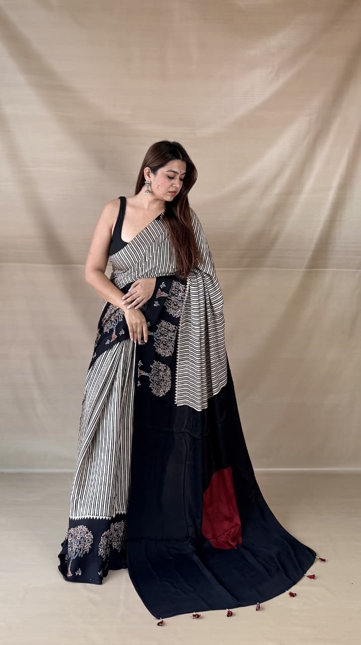 Pure Modal Silk Ajrakh Hand-block Printed Saree.