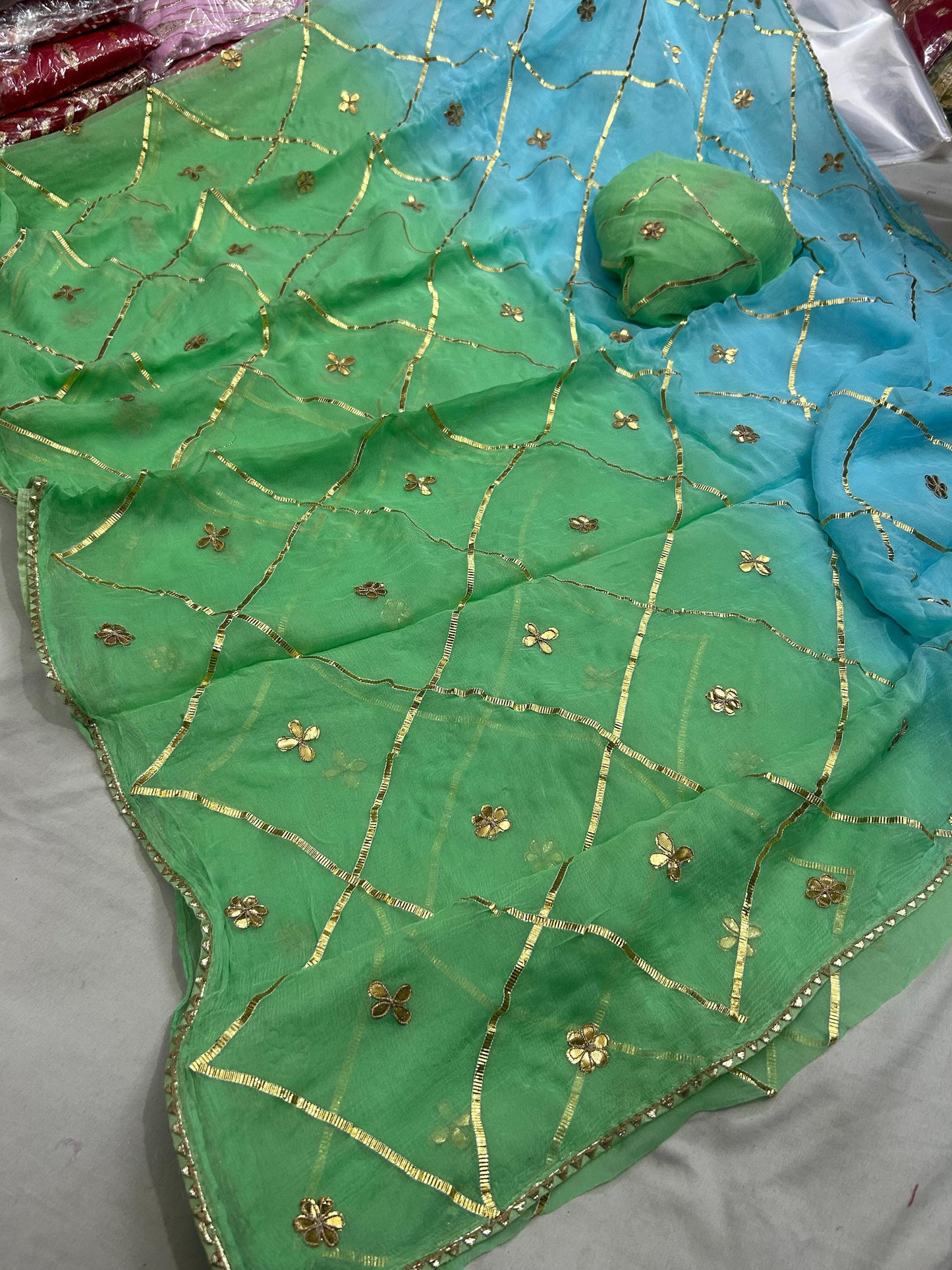 Pure Dimond Chiffon Gota Jaal Saree Blouse.