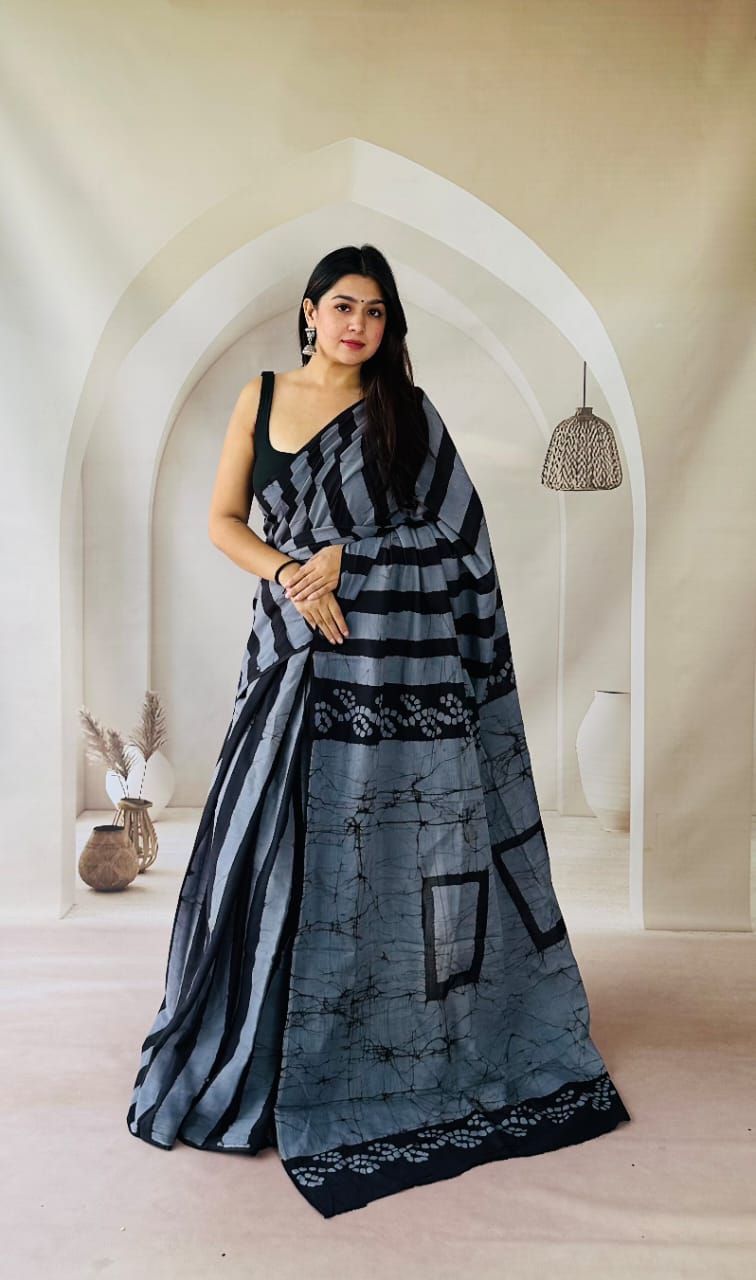 Pure Mulmul Cotton Hand Block Printed Saree With Running Blouse.