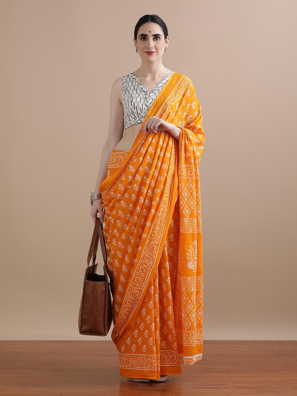 Pure Mulmul Cotton Hand Block Printed Saree With Running Blouse.