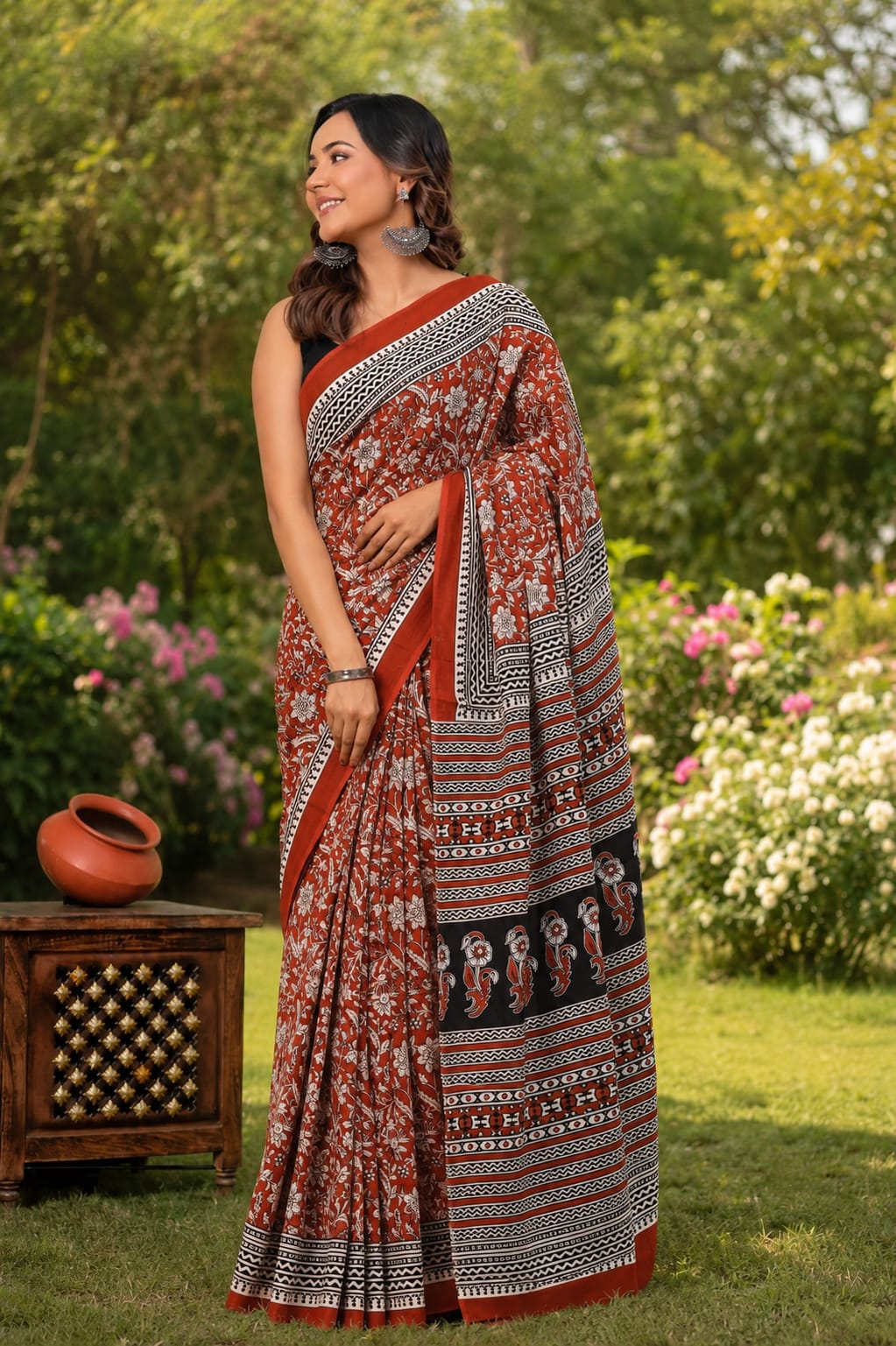 Pure Cotton Hand Block Printed Saree With Blouse.