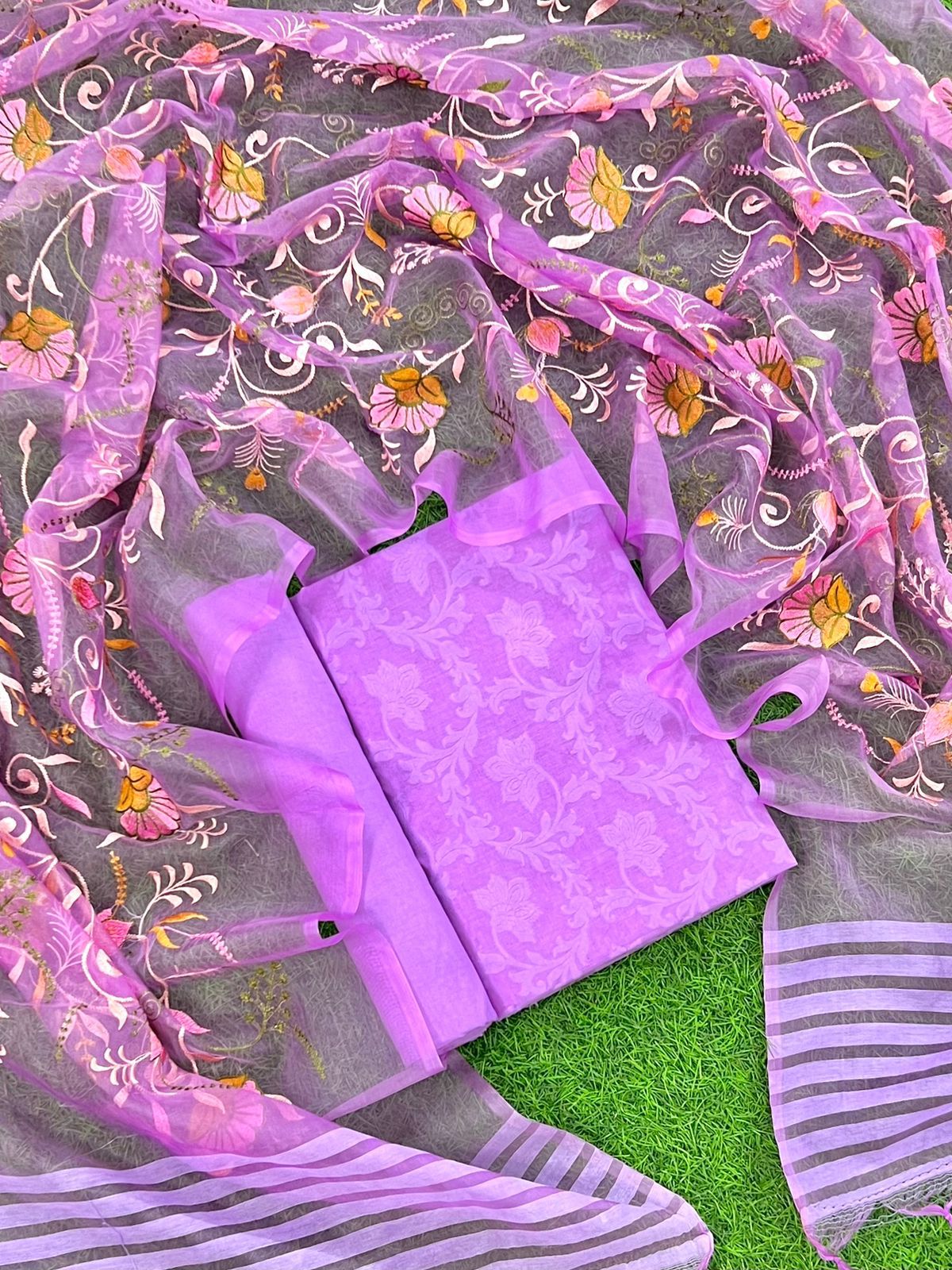 Banarasi Chanderi Unstitched Suit Organza Multi thread Embroidery Dupatta.