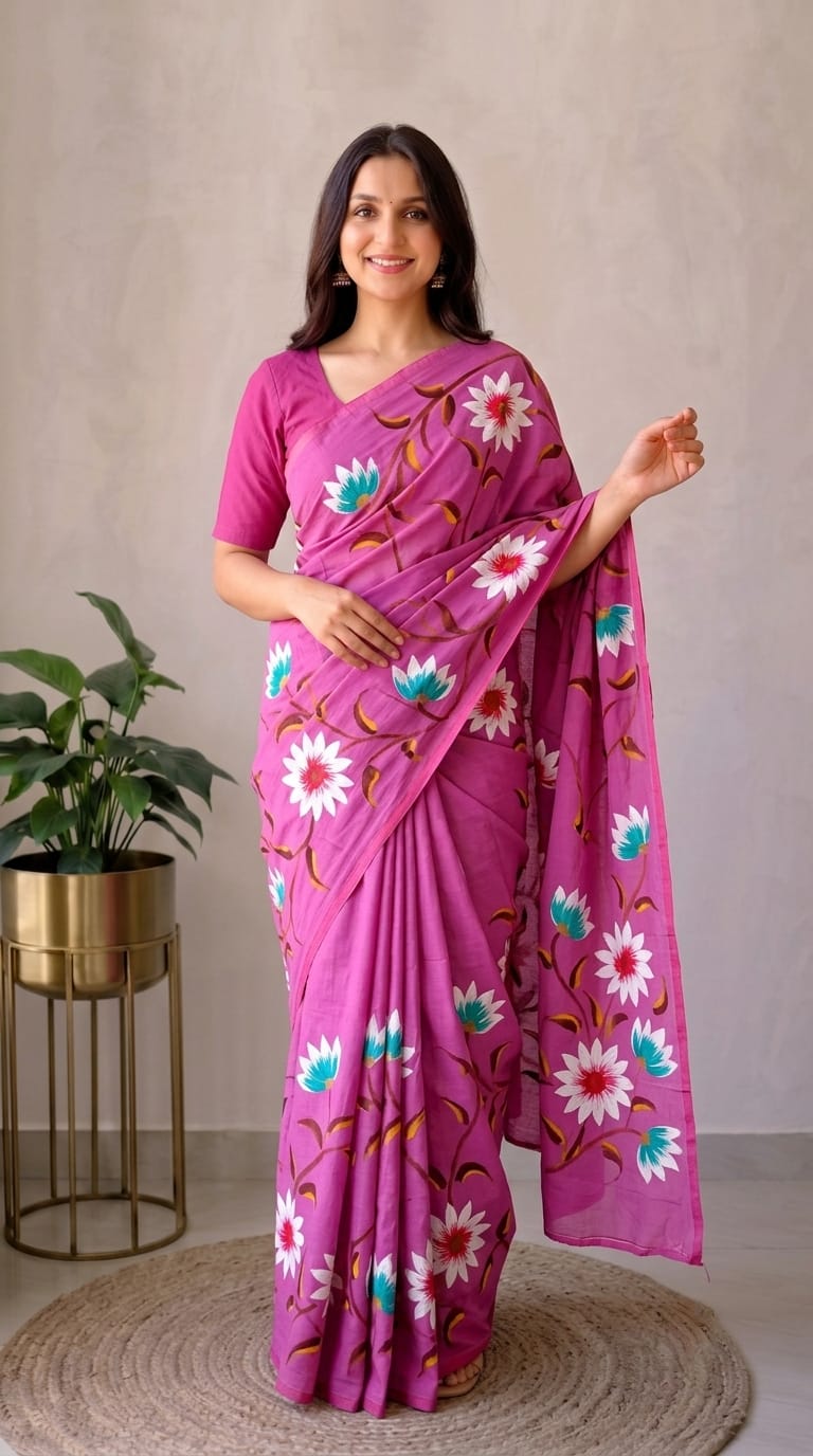 Pure Cotton Hand Block Printed Saree With Blouse.
