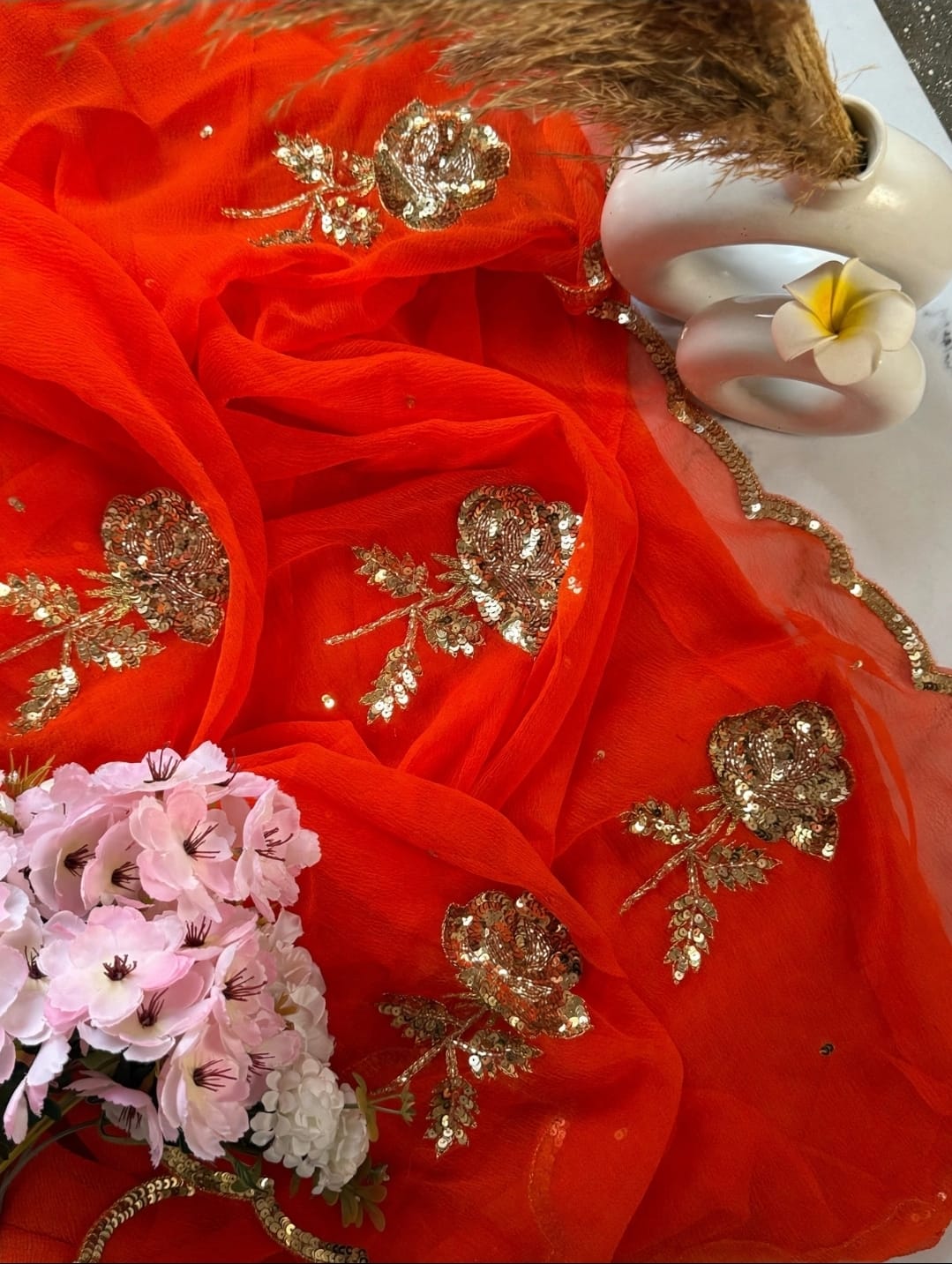 Pure Diamond Chiffon Hand Work Saree.