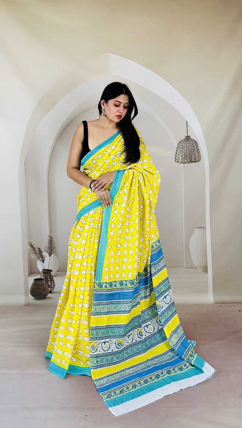 Pure Mulmul Cotton Hand Block Printed Saree With Running Blouse.