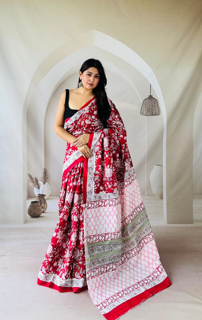 Pure Mulmul Cotton Hand Block Printed Saree With Running Blouse.