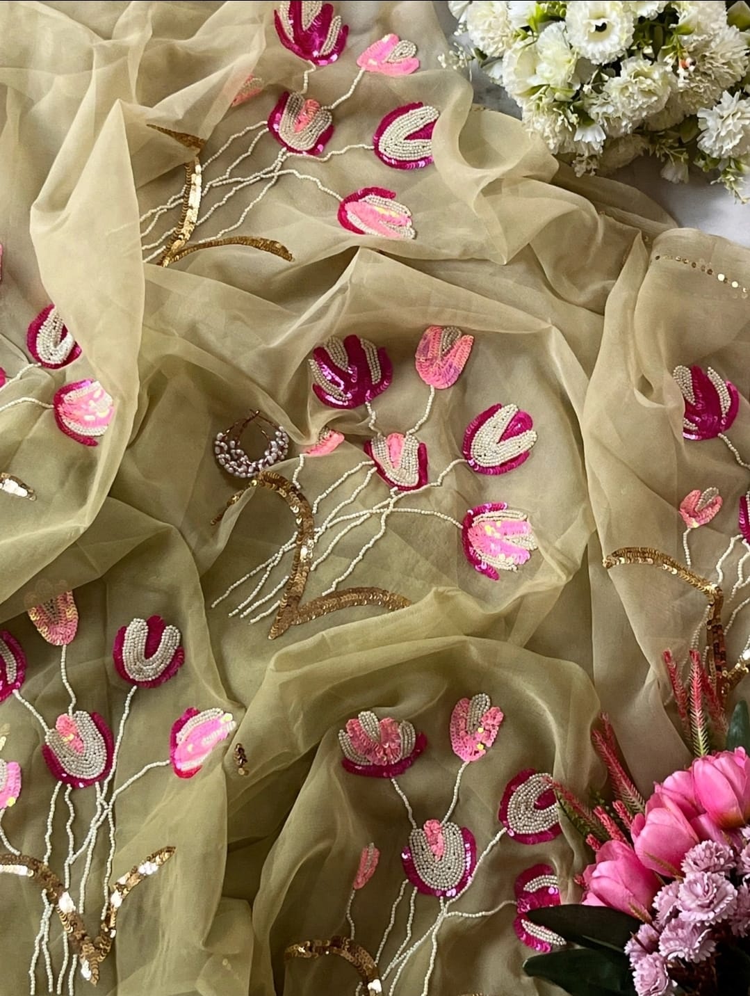 Pure Diamond Chiffon Hand Work Saree.