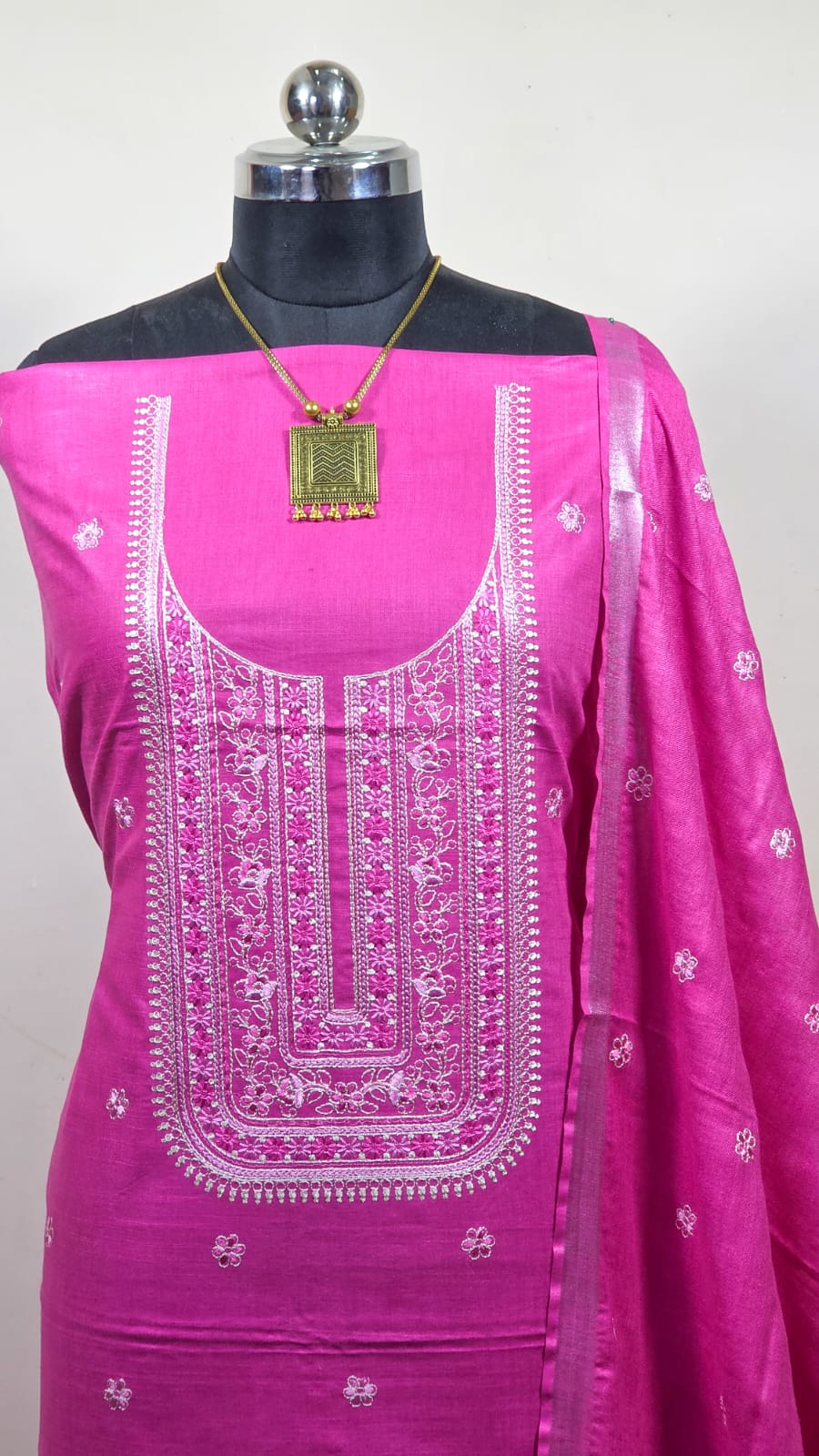 BHAGALPURI COTTON LINEN EMBROIDERY UNSTITCHED SUIT.