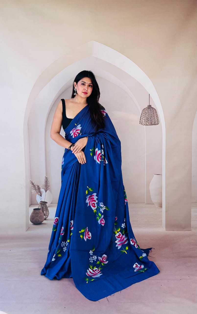 Pure Mulmul Cotton Hand Block Printed Saree With Running Blouse.