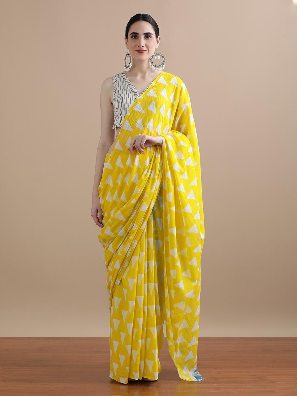 Pure Mulmul Cotton Hand Block Printed Saree With Running Blouse