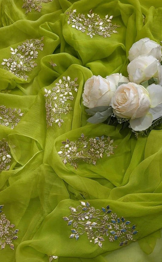 Pure Diamond Chiffon Gota Work Saree With Blouse.