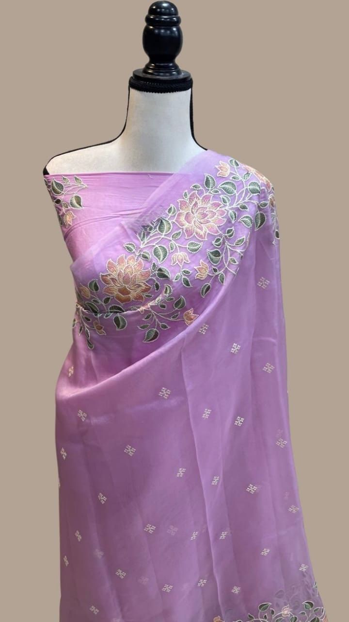 Banarasi Kora Organza Silk Embroidery Work Saree