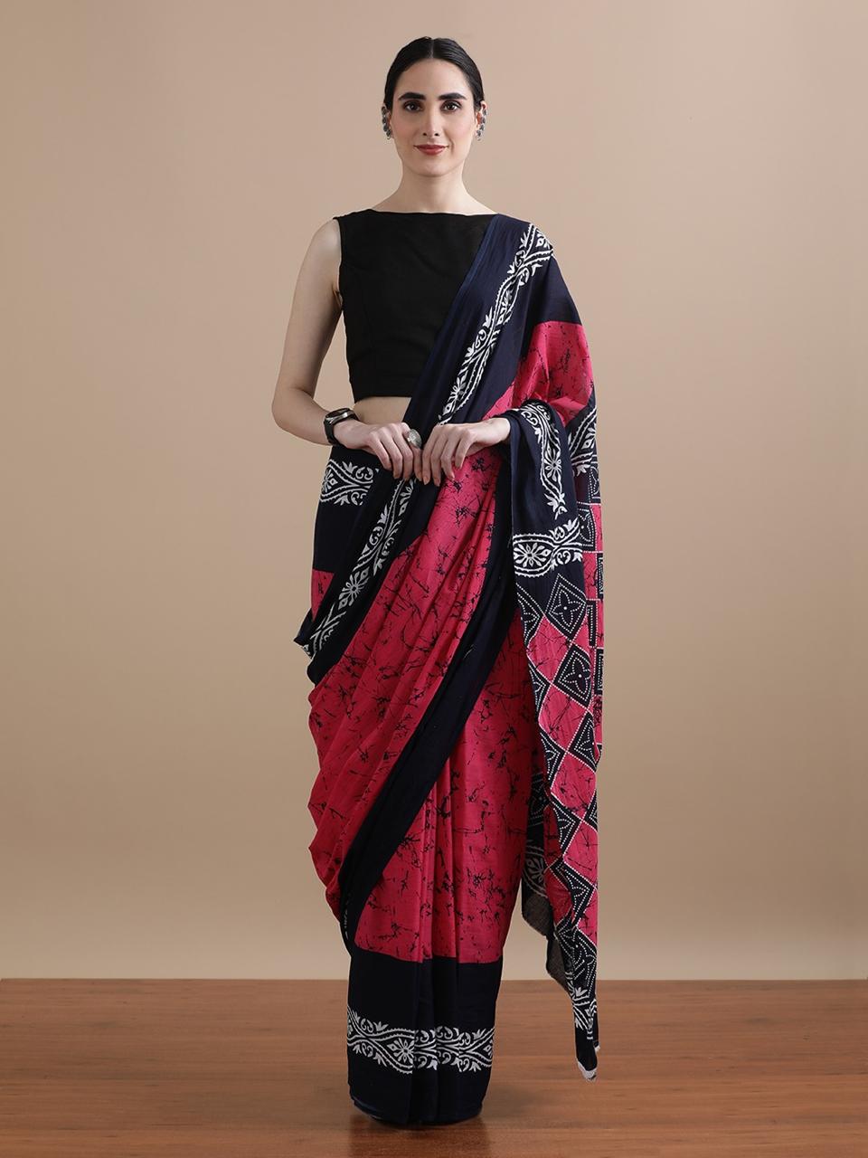 Pure Mulmul Cotton Hand Block Printed Saree With Running Blouse.