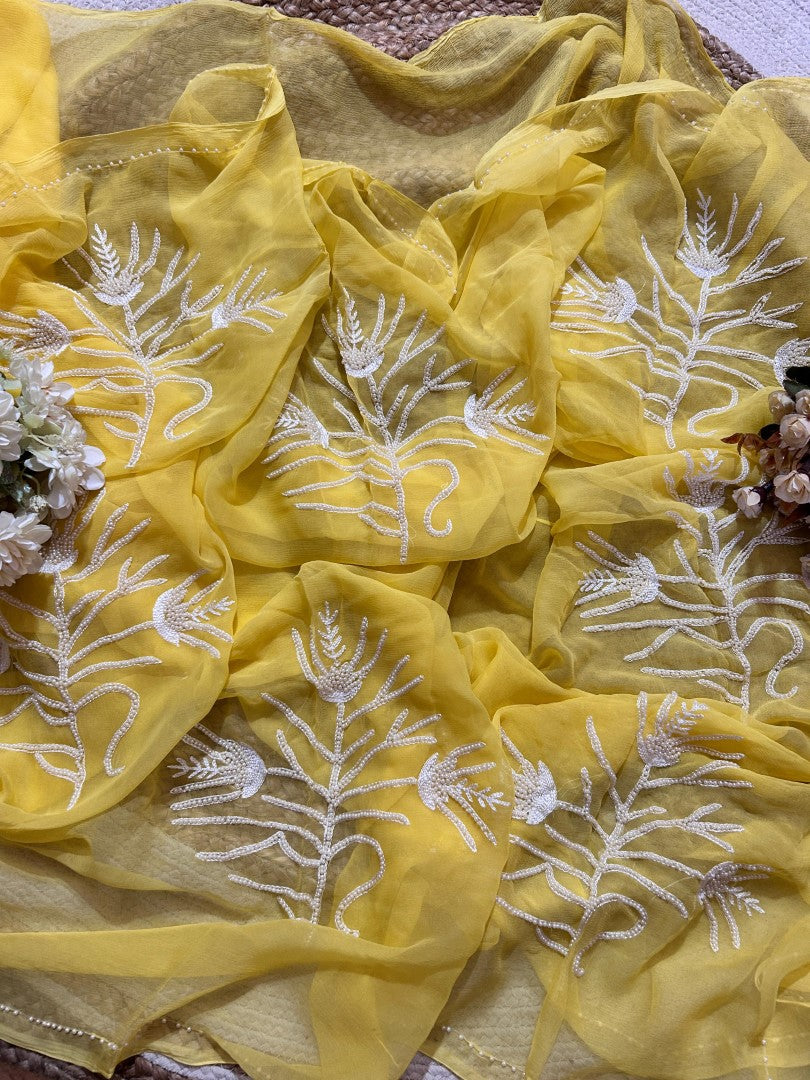 Yellow Color Pure Diamond Chiffon Moti Hand Work Saree.