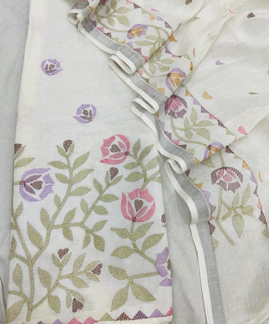 BHAGALPURI COTTON LINEN EMBROIDERY UNSTITCHED SUIT.