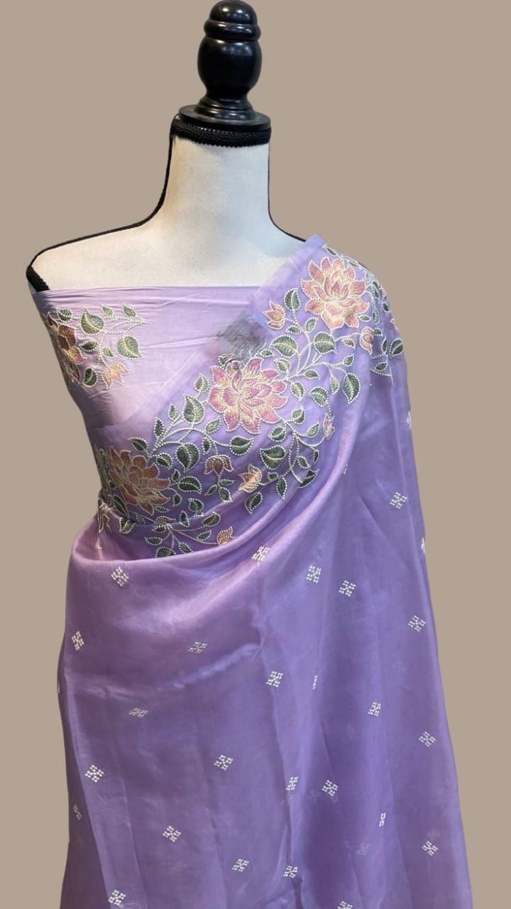 Banarasi Kora Organza Silk Embroidery Work Saree
