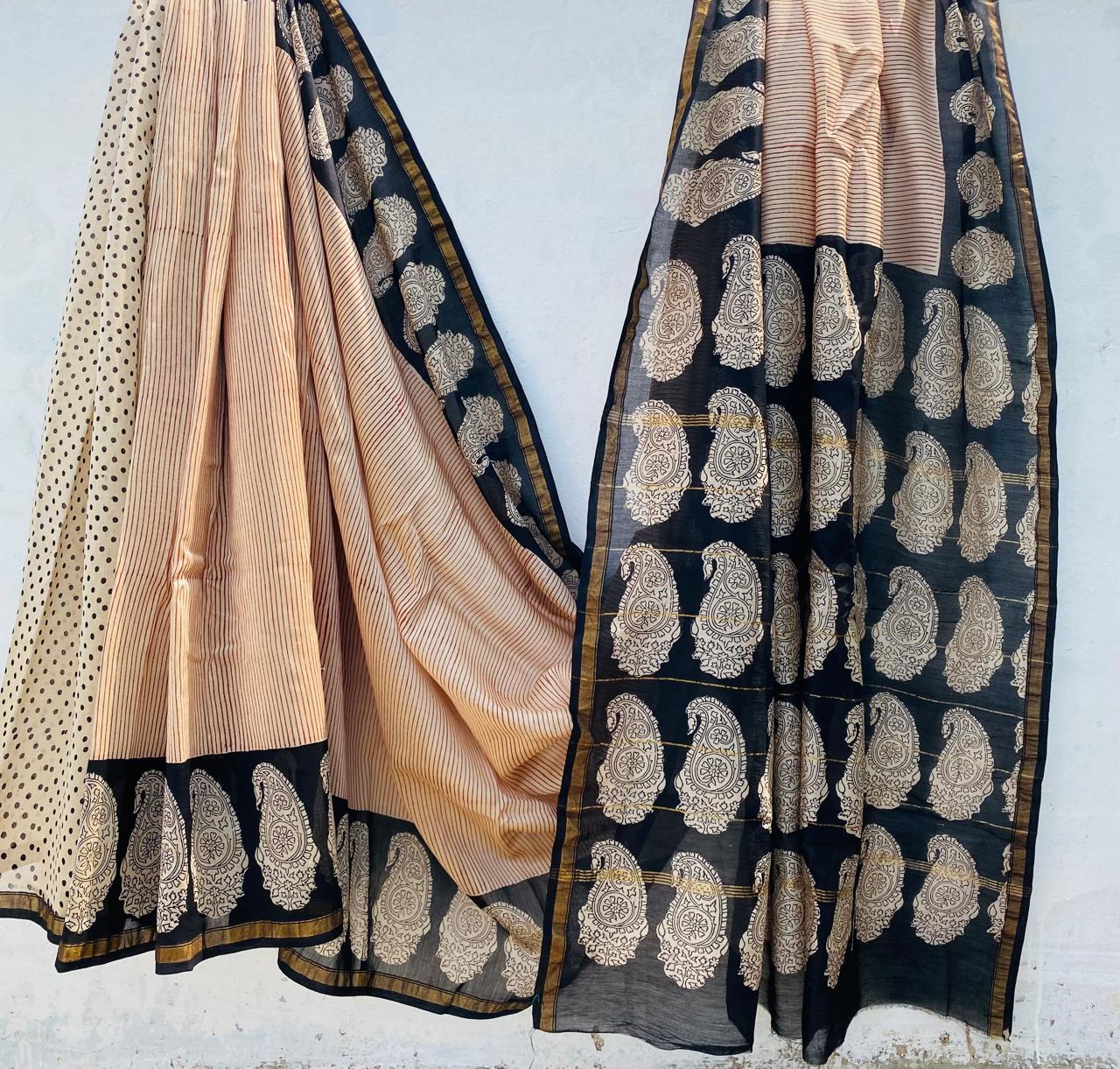 Pure Chanderi Silk Hand-block Printed Saree.