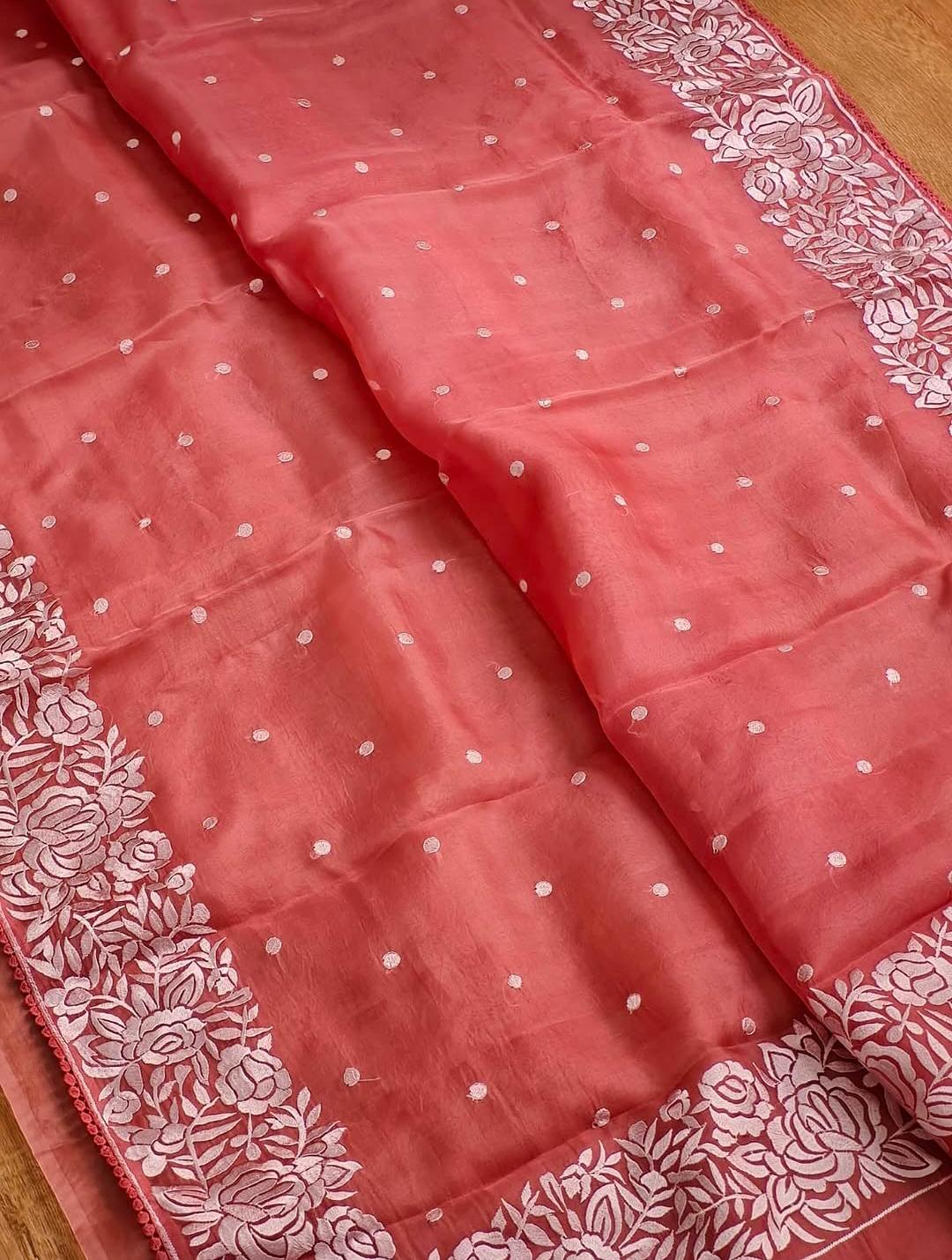 Banarasi Soft Kora Organza Embroidery Work Saree.