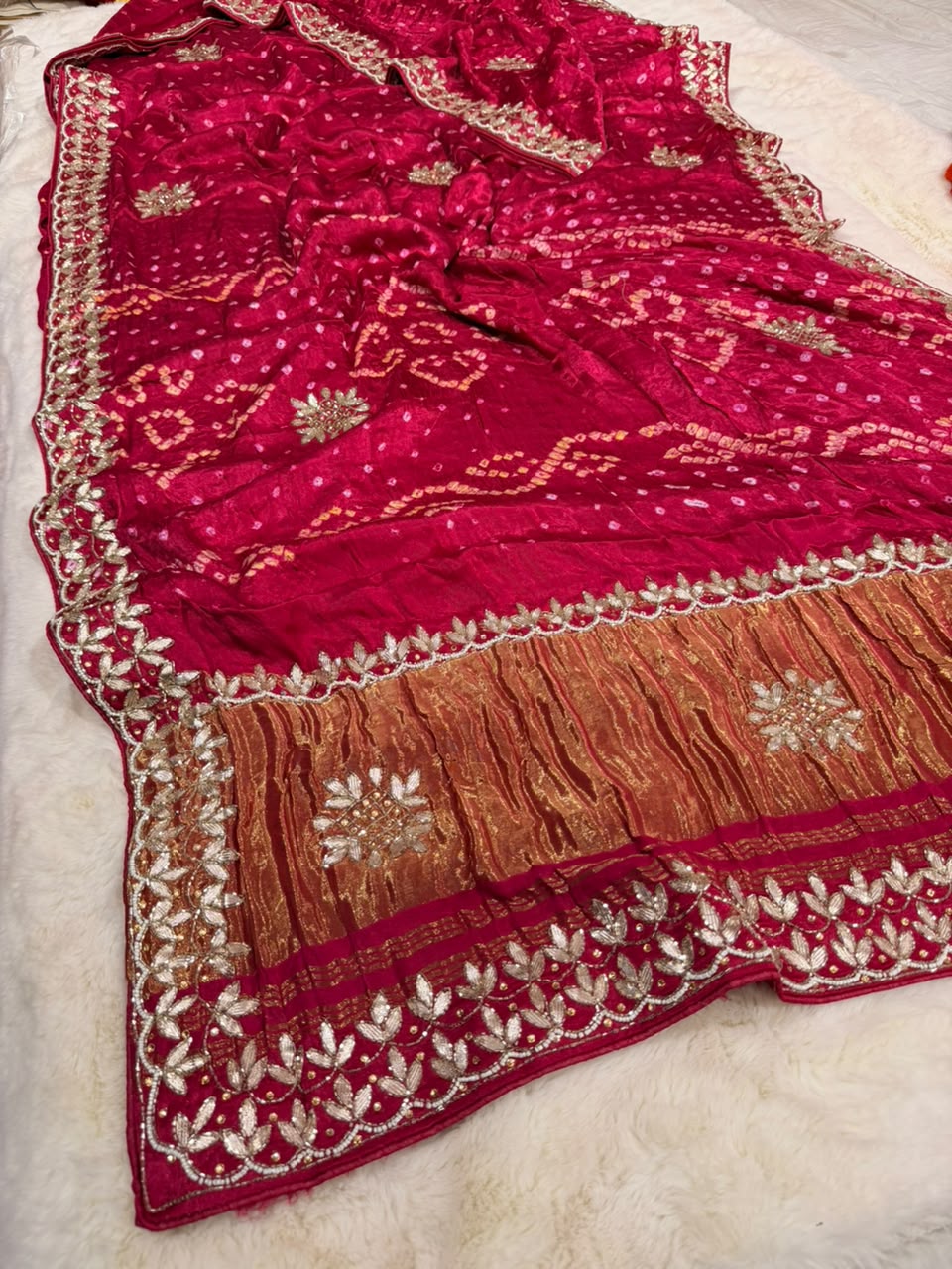Pure Modal Gajji Silk Bandhej Hand work Gota Patti Work Saree.