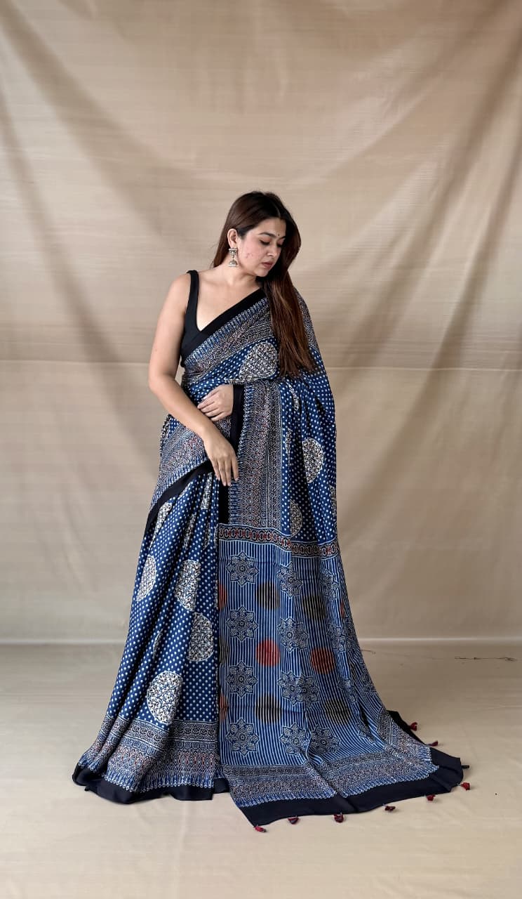 Pure Modal Silk Ajrakh Hand-block Printed Saree.
