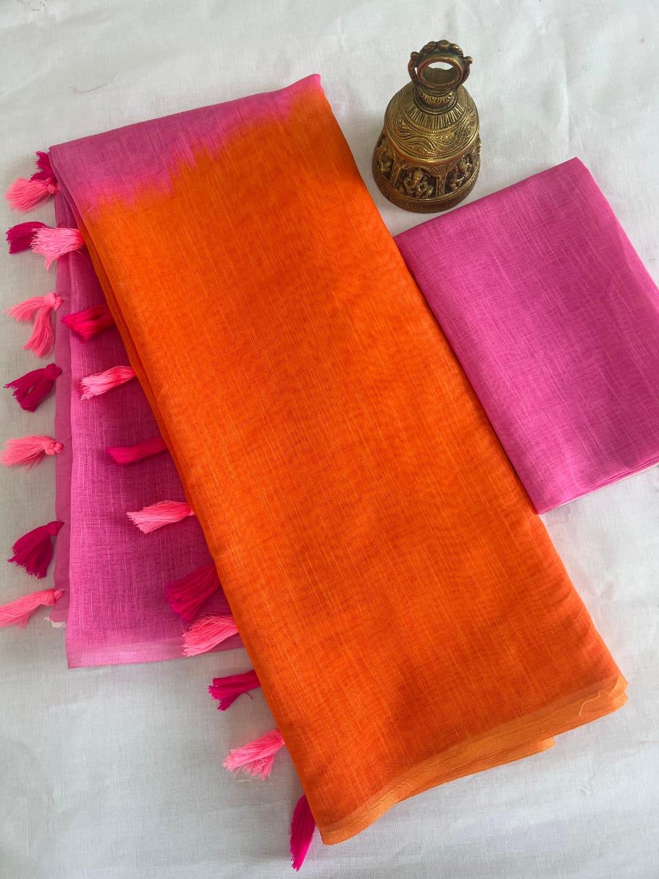 Pure Cotton Linen Saree with Blouse