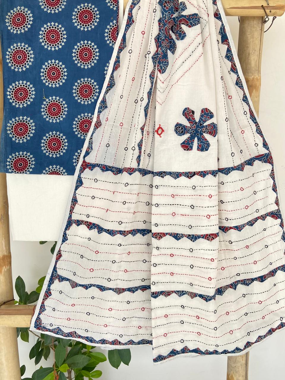 Pure Cotton Ajrakh Printed Unstitched Suits With applique work Dupatta