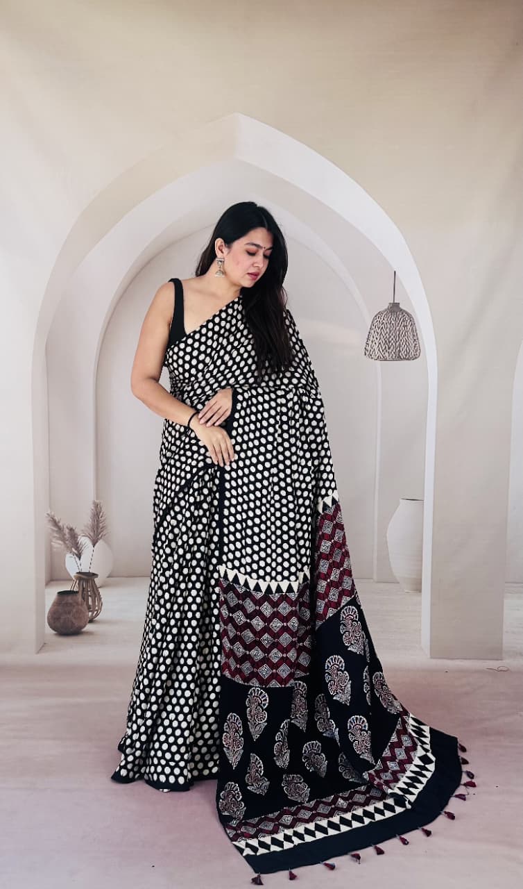 Pure Modal Silk Ajrakh Hand-block Printed Saree.