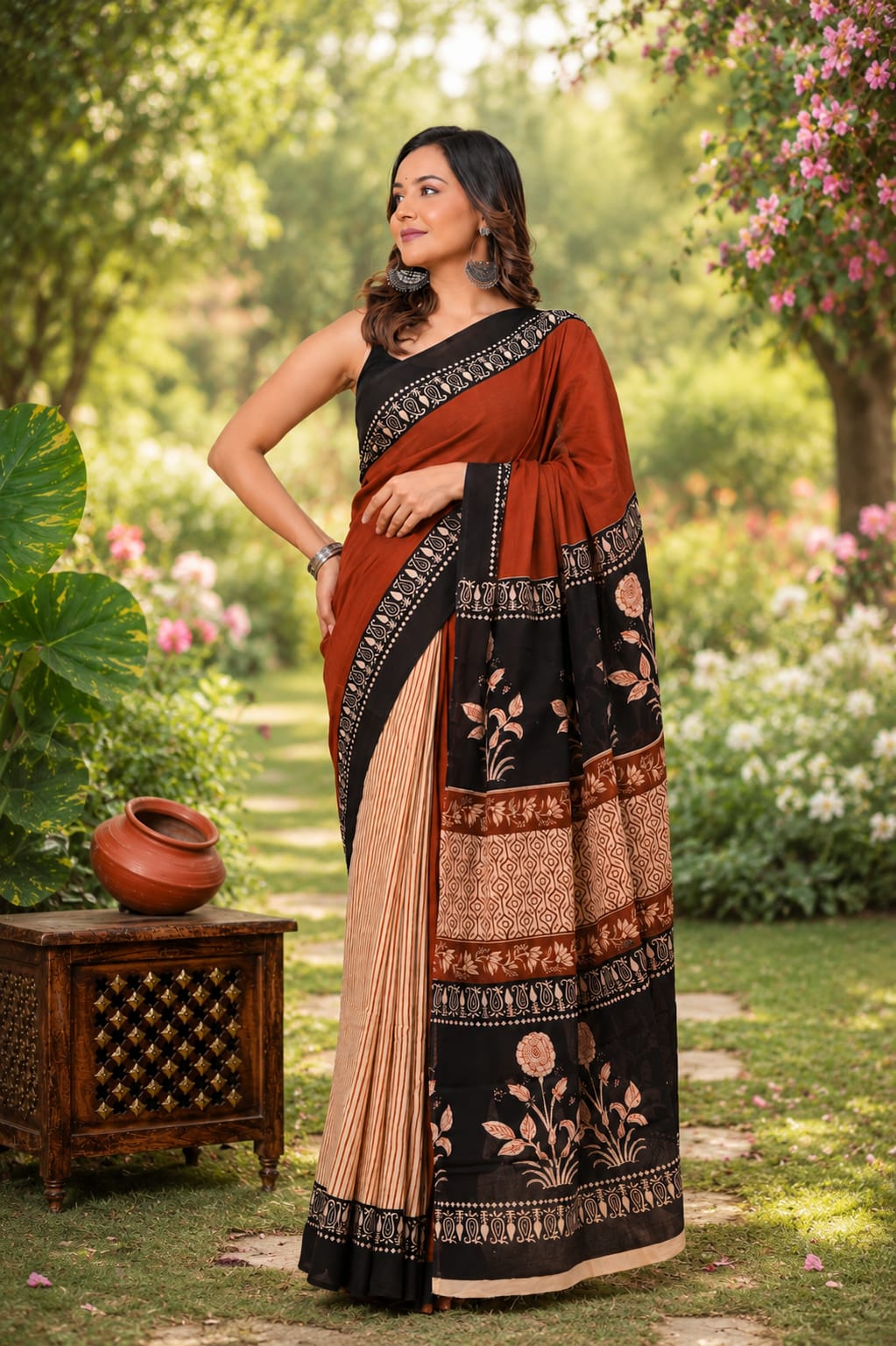 Pure Cotton Hand Block Printed Saree With Blouse.