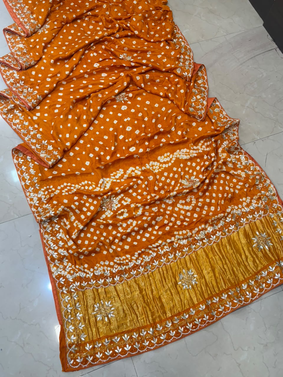 Pure Modal Gajji Silk Bandhej Hand work Gota Patti Work Saree.