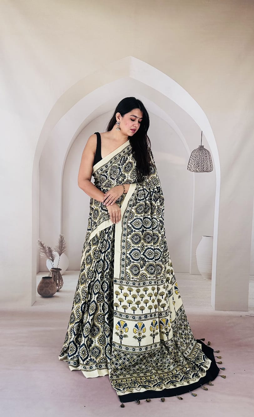 Pure Modal Silk Ajrakh Hand-block Printed Saree.